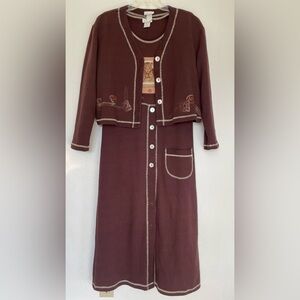 Vintage Women Dress & Blazer 2-piece 80s‎ Safari Midi Buttons Trendy Brown Small